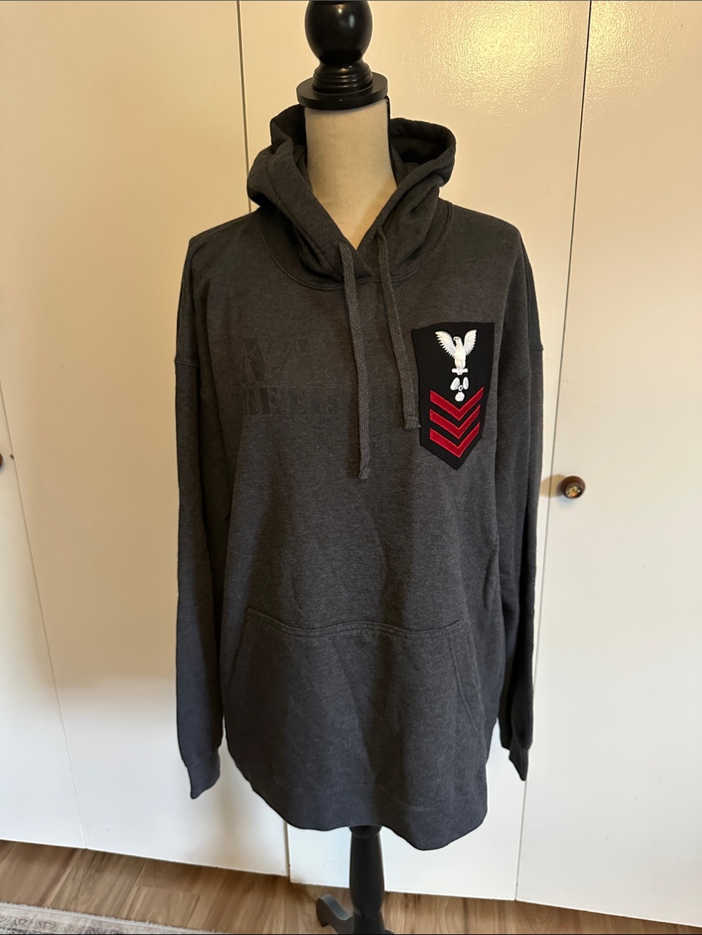 Men's Dark Gray Hooded Pullover with Patch Detail Navy Machinist Mate 2XL